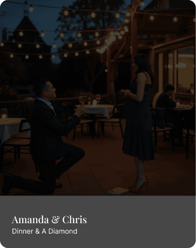 Amanda and Chris's restaurant proposal under string lights with an Akbosh & Co lab grown diamond engagement ring