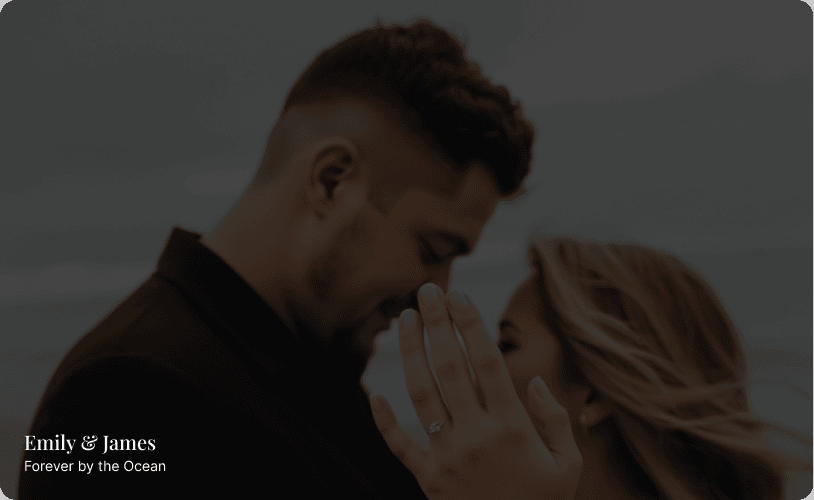 Emily and James embracing by the ocean, showing her Akbosh & Co lab grown diamond engagement ring